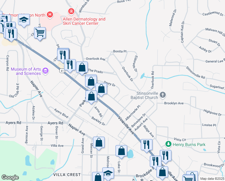 map of restaurants, bars, coffee shops, grocery stores, and more near 3769 Ridge Avenue in Macon