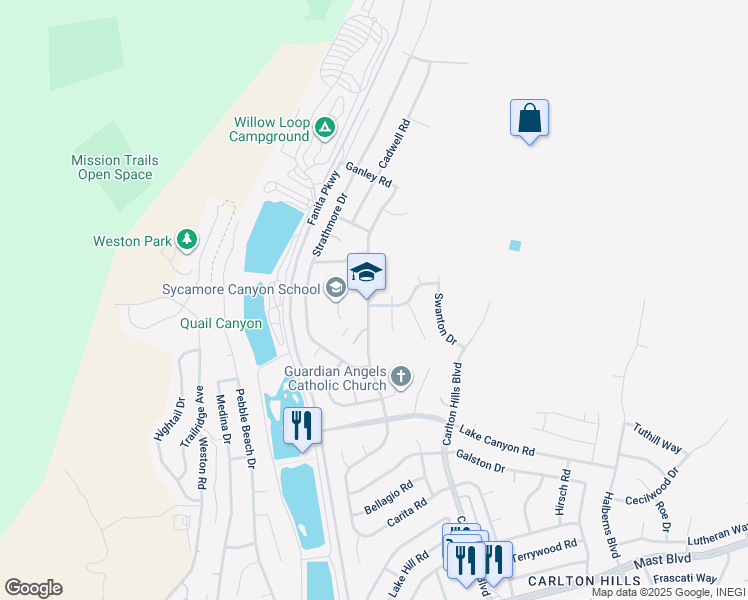 map of restaurants, bars, coffee shops, grocery stores, and more near 10201 Settle Road in Santee
