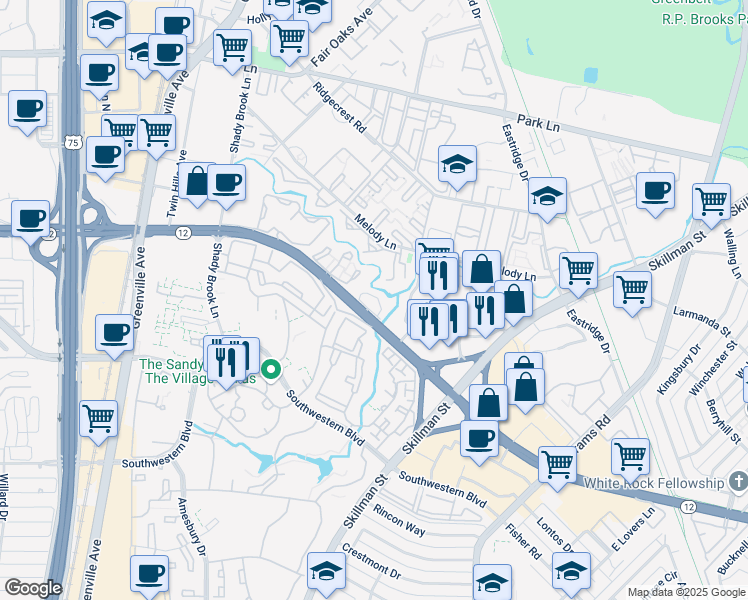 map of restaurants, bars, coffee shops, grocery stores, and more near 6124M Summer Creek Circle in Dallas