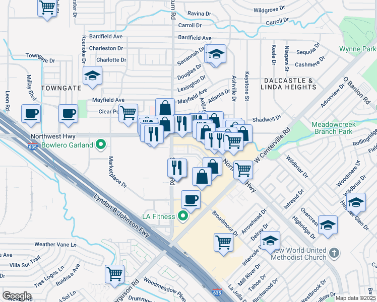 map of restaurants, bars, coffee shops, grocery stores, and more near 1250 Northwest Highway in Garland