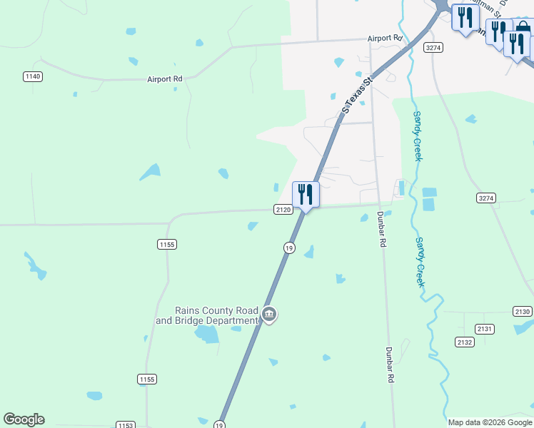 map of restaurants, bars, coffee shops, grocery stores, and more near County Road 2120 in Emory