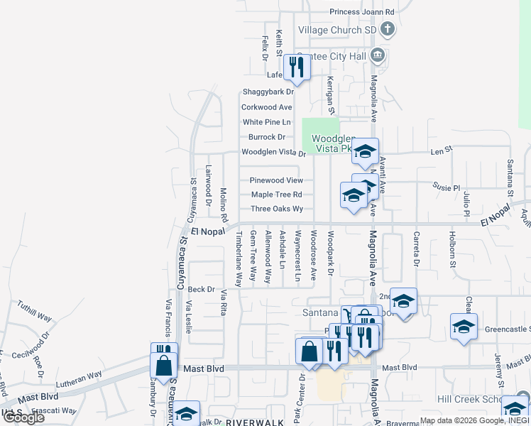 map of restaurants, bars, coffee shops, grocery stores, and more near 10054 3 Oaks Way in Santee