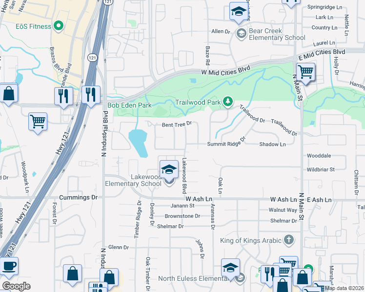 map of restaurants, bars, coffee shops, grocery stores, and more near 1804 Eden Trail in Euless