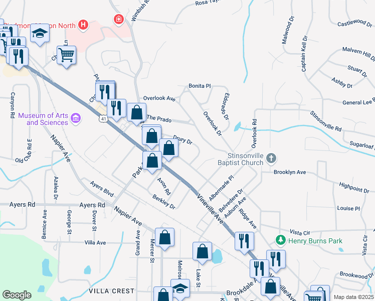 map of restaurants, bars, coffee shops, grocery stores, and more near 3756 Overlook Avenue in Macon