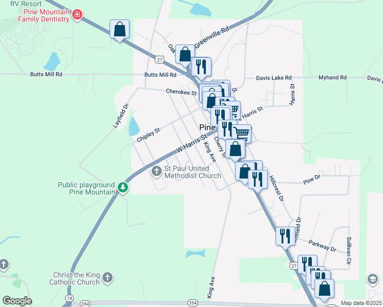 map of restaurants, bars, coffee shops, grocery stores, and more near 317 West Harris Street in Pine Mountain