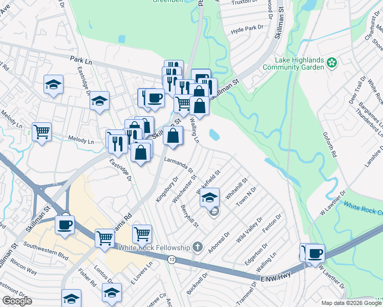map of restaurants, bars, coffee shops, grocery stores, and more near 7039 Kingsbury Drive in Dallas