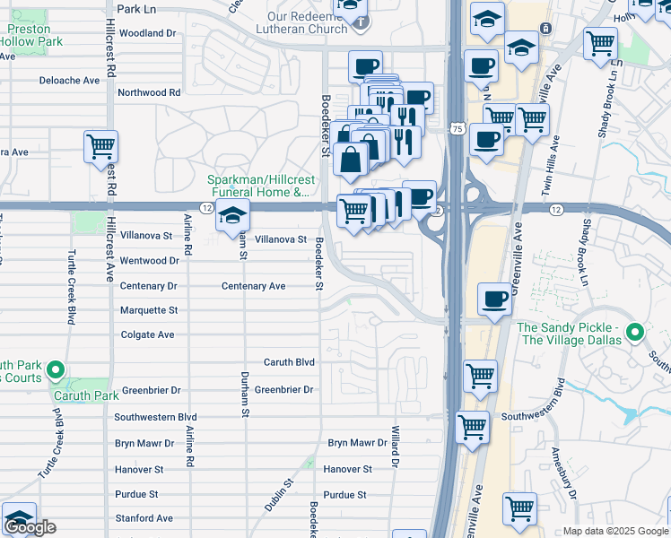 map of restaurants, bars, coffee shops, grocery stores, and more near 8306 Boedeker Drive in Dallas