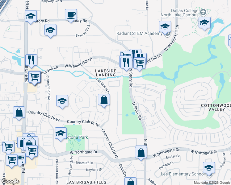map of restaurants, bars, coffee shops, grocery stores, and more near 4317 Village Green Drive in Irving