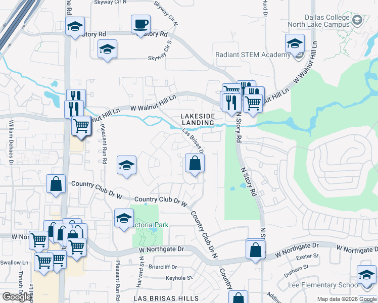 map of restaurants, bars, coffee shops, grocery stores, and more near 4288 Cuesta Drive in Irving