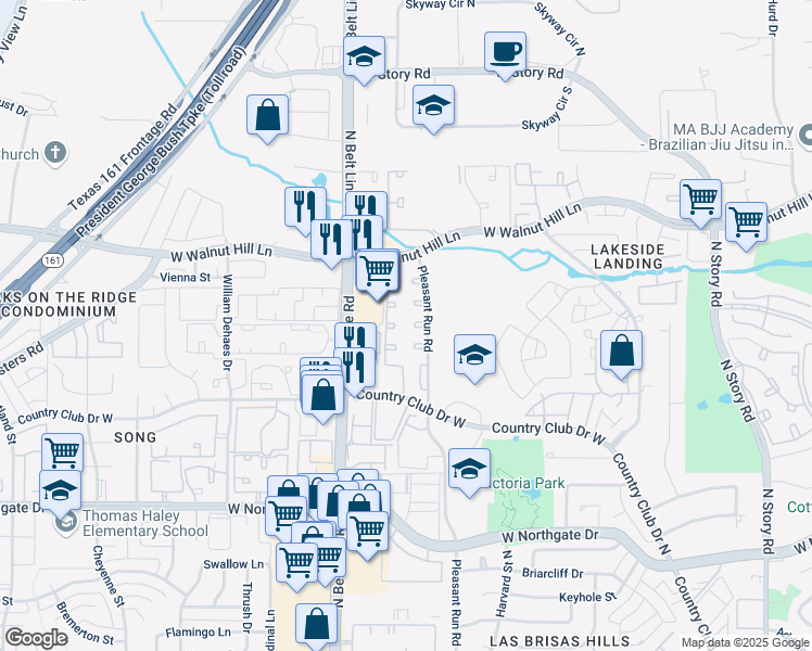 map of restaurants, bars, coffee shops, grocery stores, and more near 4265 Pleasant Run Road in Irving