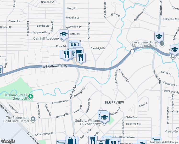 map of restaurants, bars, coffee shops, grocery stores, and more near 2 Bretton Creek Court in Dallas