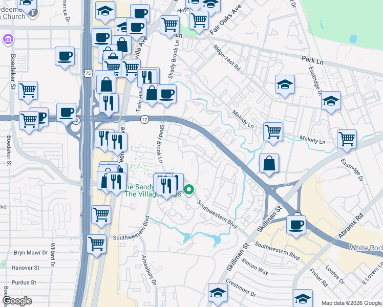 map of restaurants, bars, coffee shops, grocery stores, and more near 8487 Southwestern Boulevard in Dallas