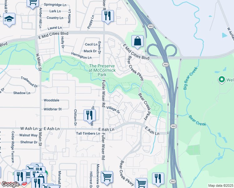 map of restaurants, bars, coffee shops, grocery stores, and more near 1800 Fuller-Wiser Rd in Euless