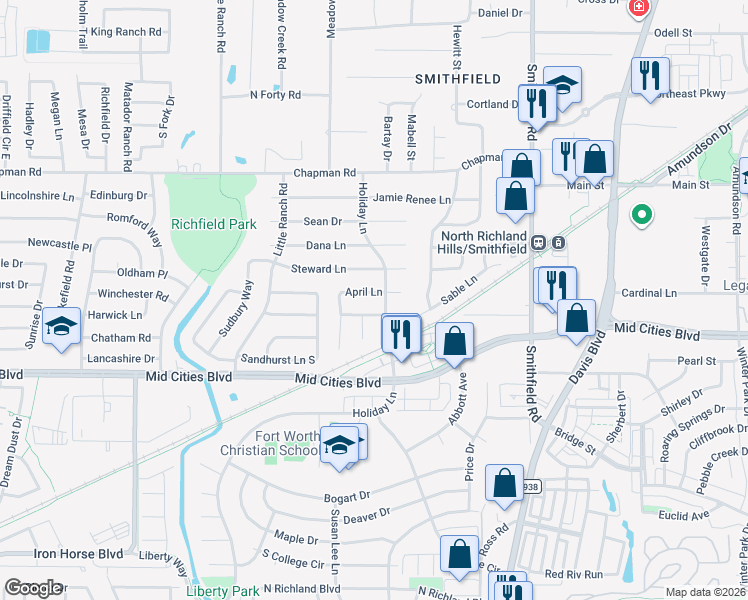 map of restaurants, bars, coffee shops, grocery stores, and more near 7524 April Lane in North Richland Hills