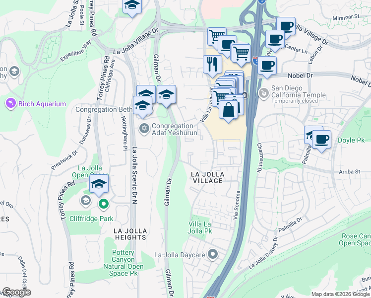 map of restaurants, bars, coffee shops, grocery stores, and more near 8521 Villa La Jolla Drive in San Diego