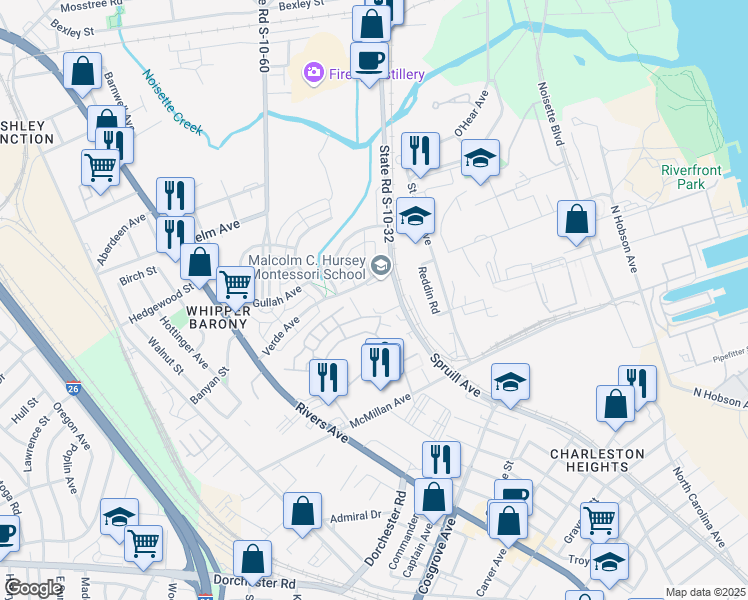 map of restaurants, bars, coffee shops, grocery stores, and more near 3795 Spruill Avenue in North Charleston