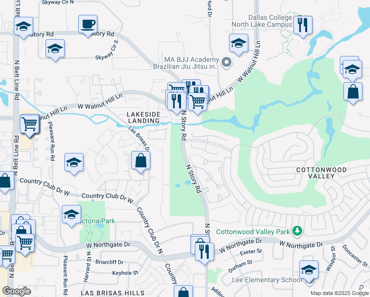 map of restaurants, bars, coffee shops, grocery stores, and more near 4028 North Story Road in Irving