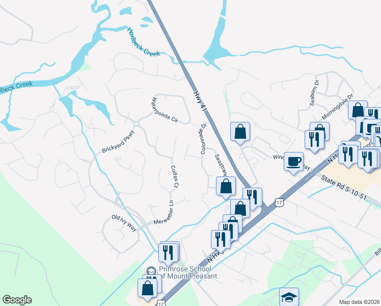 map of restaurants, bars, coffee shops, grocery stores, and more near 1344 Wynbrook Trce in Mount Pleasant