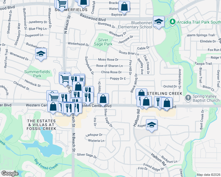 map of restaurants, bars, coffee shops, grocery stores, and more near 6717 Fire Hill Drive in Fort Worth