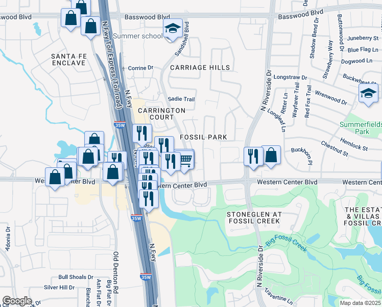 map of restaurants, bars, coffee shops, grocery stores, and more near 6705 Summers Drive South in Fort Worth