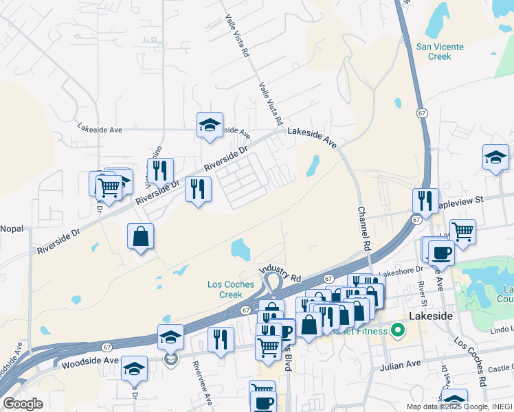 map of restaurants, bars, coffee shops, grocery stores, and more near 11949 Riverside Drive in Lakeside
