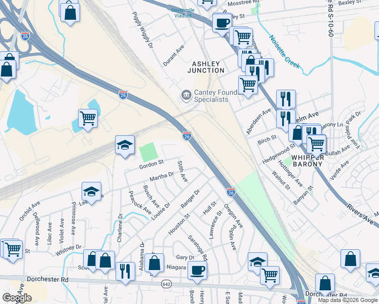 map of restaurants, bars, coffee shops, grocery stores, and more near 2670 Louise Drive in North Charleston