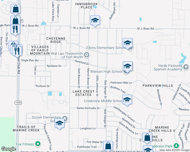 map of restaurants, bars, coffee shops, grocery stores, and more near 7009 Gillis Johnson Street in Fort Worth
