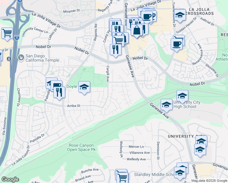 map of restaurants, bars, coffee shops, grocery stores, and more near 8052 Camino Huerta in San Diego