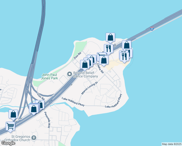 map of restaurants, bars, coffee shops, grocery stores, and more near 4358 Point Boulevard in Garland