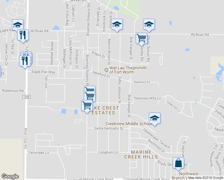 map of restaurants, bars, coffee shops, grocery stores, and more near 7000 Marvin Brown Street in Fort Worth