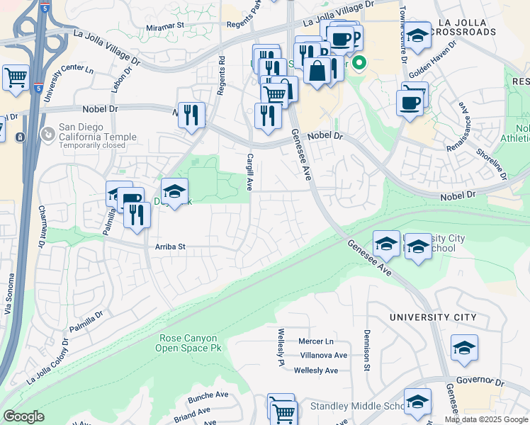 map of restaurants, bars, coffee shops, grocery stores, and more near 8052 Camino Huerta in San Diego