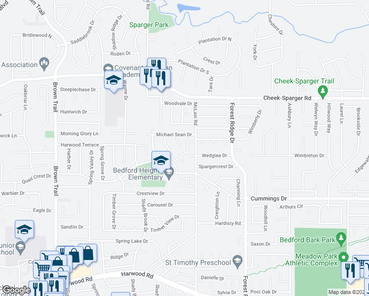 map of restaurants, bars, coffee shops, grocery stores, and more near 3604 Devon Court in Bedford