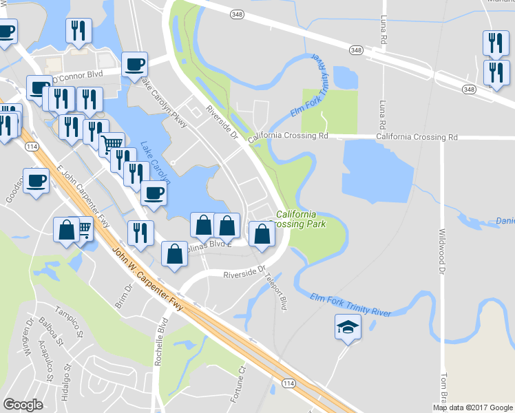 map of restaurants, bars, coffee shops, grocery stores, and more near 24 Weiss Lane in Irving