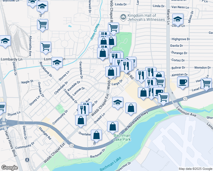map of restaurants, bars, coffee shops, grocery stores, and more near 3333 Webb Chapel Extension in Dallas