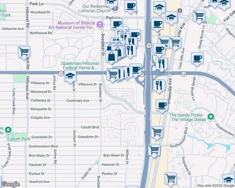 map of restaurants, bars, coffee shops, grocery stores, and more near 5445 Caruth Haven Lane in Dallas
