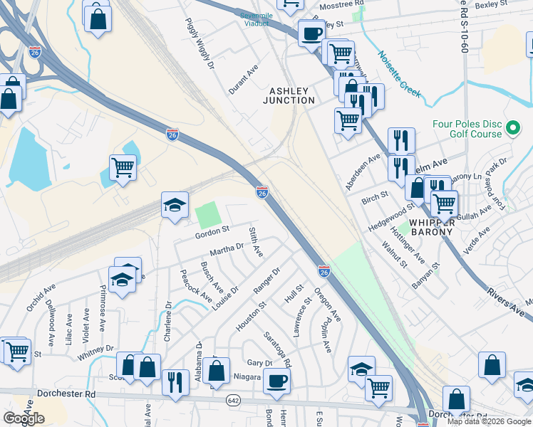map of restaurants, bars, coffee shops, grocery stores, and more near 2670 Louise Drive in North Charleston