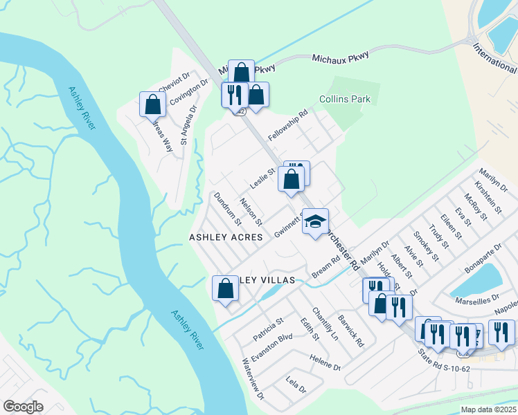 map of restaurants, bars, coffee shops, grocery stores, and more near 4337 Leslie Street in North Charleston
