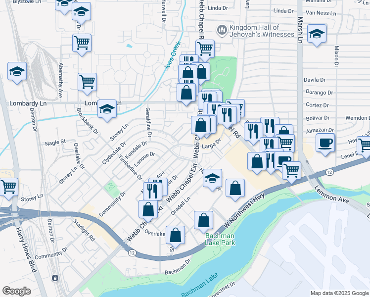 map of restaurants, bars, coffee shops, grocery stores, and more near 3435 Webb Chapel Extension in Dallas
