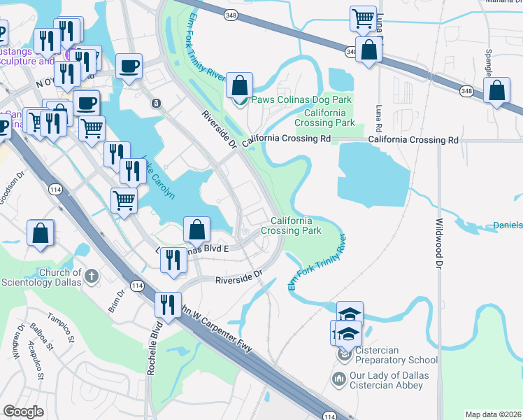 map of restaurants, bars, coffee shops, grocery stores, and more near 24 Weiss Lane in Irving