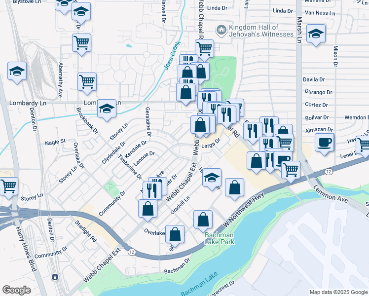 map of restaurants, bars, coffee shops, grocery stores, and more near 3333 Webb Chapel Extension in Dallas