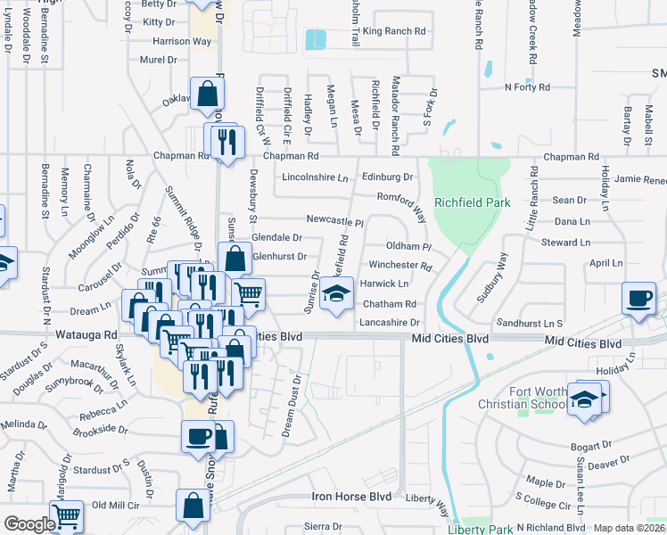 map of restaurants, bars, coffee shops, grocery stores, and more near 6441 Wakefield Road in North Richland Hills