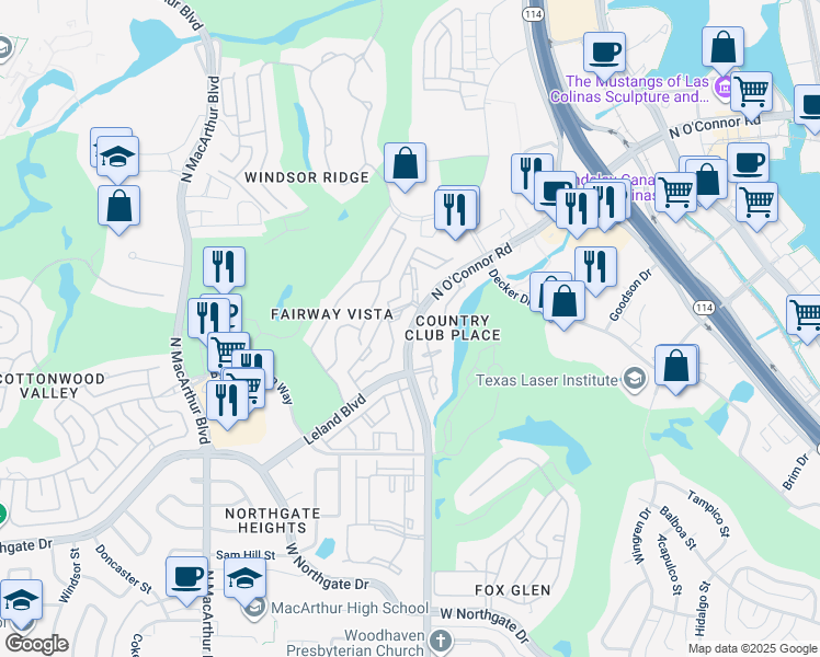 map of restaurants, bars, coffee shops, grocery stores, and more near 4809 North O'Connor Road in Irving