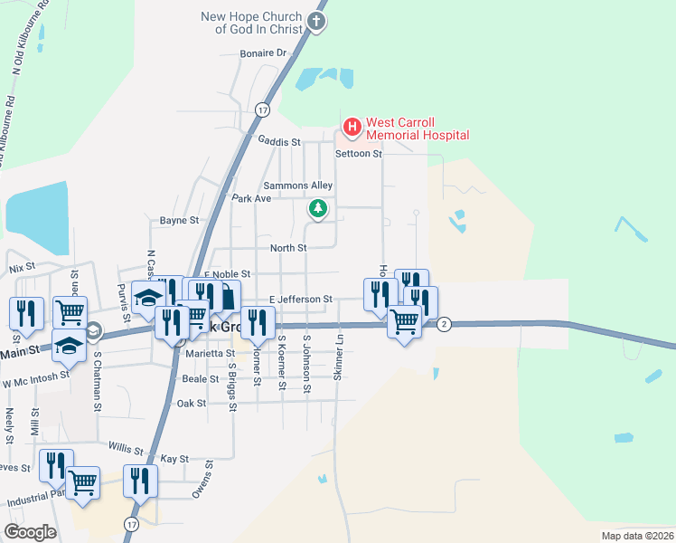 map of restaurants, bars, coffee shops, grocery stores, and more near 612 East Noble Street in Oak Grove