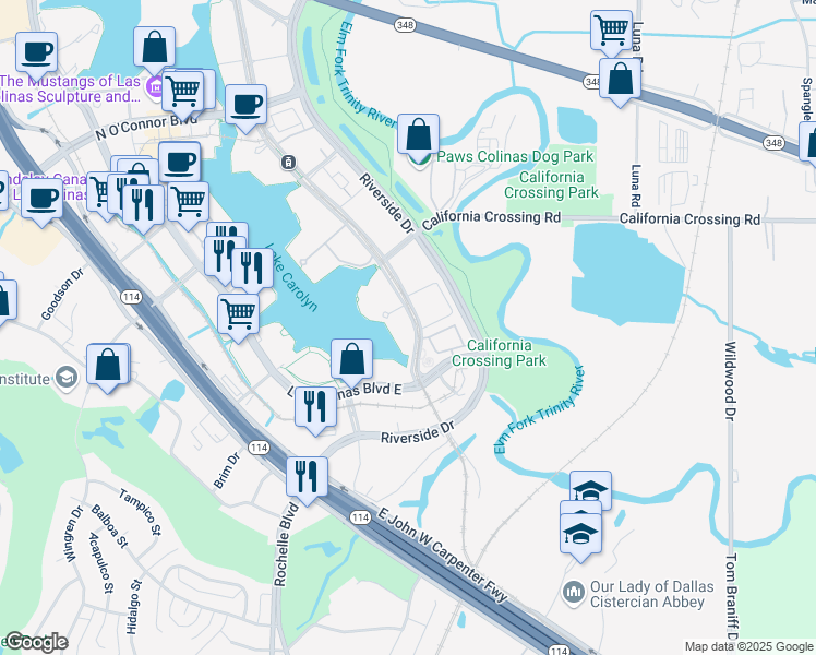 map of restaurants, bars, coffee shops, grocery stores, and more near 684 Lake Carolyn Parkway in Irving