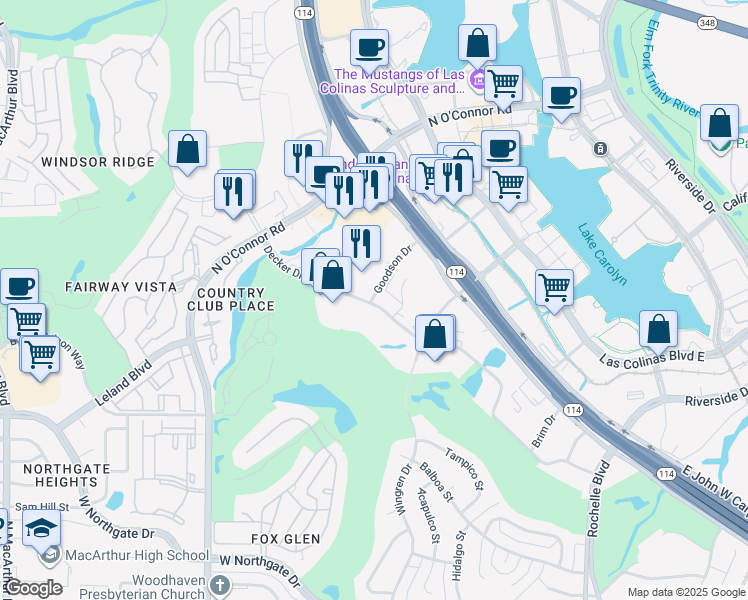 map of restaurants, bars, coffee shops, grocery stores, and more near 101 Decker Drive in Irving