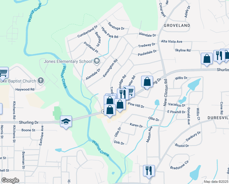 map of restaurants, bars, coffee shops, grocery stores, and more near 2375 Tredway Drive in Macon