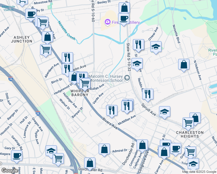 map of restaurants, bars, coffee shops, grocery stores, and more near 3897 Four Poles Park Drive in North Charleston