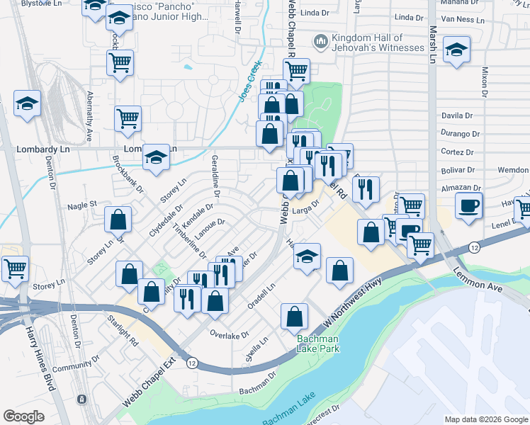 map of restaurants, bars, coffee shops, grocery stores, and more near 3333 Webb Chapel Extension in Dallas