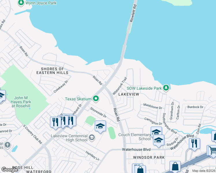 map of restaurants, bars, coffee shops, grocery stores, and more near 2005 Hillview Drive in Garland