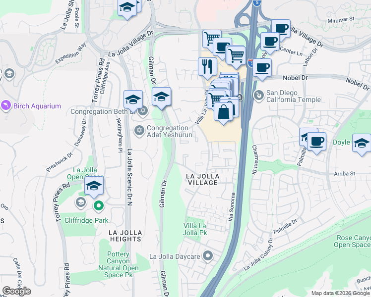 map of restaurants, bars, coffee shops, grocery stores, and more near 8525 Villa La Jolla Drive in San Diego